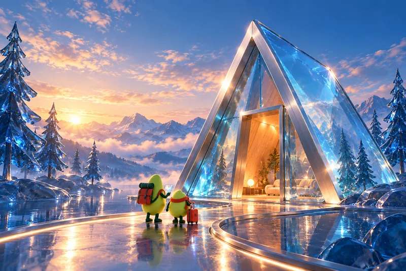 Imagined blue-glass cabin world with the Awayfolk companions, created with AI