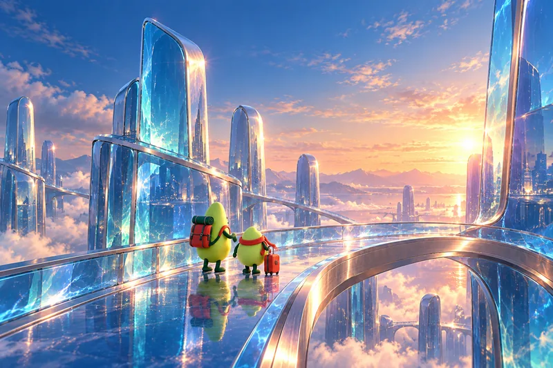 Imagined blue-glass city with the Awayfolk companions, created with AI