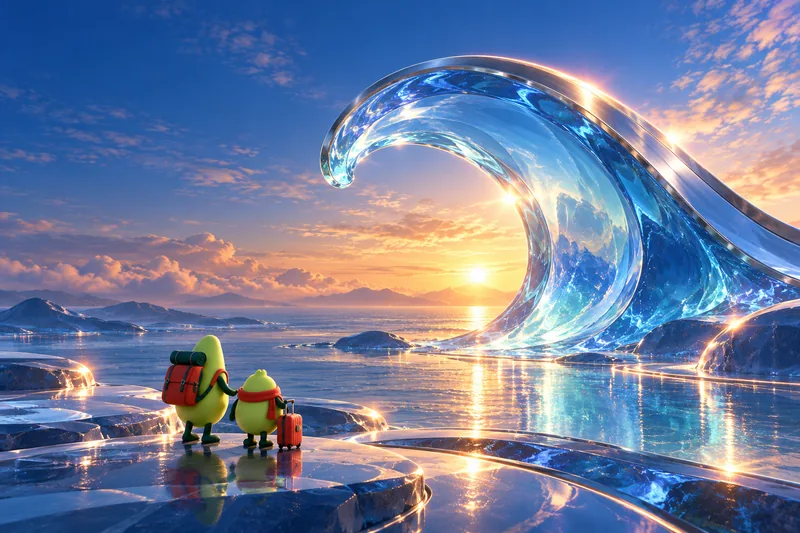 Imagined blue-glass coast with the Awayfolk companions, created with AI