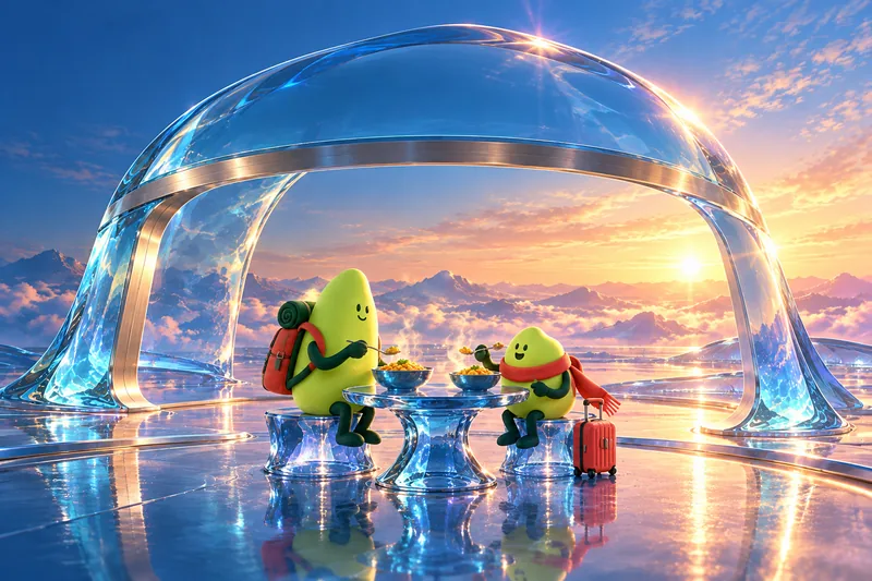 Imagined glass dining scene with the Awayfolk companions, created with AI