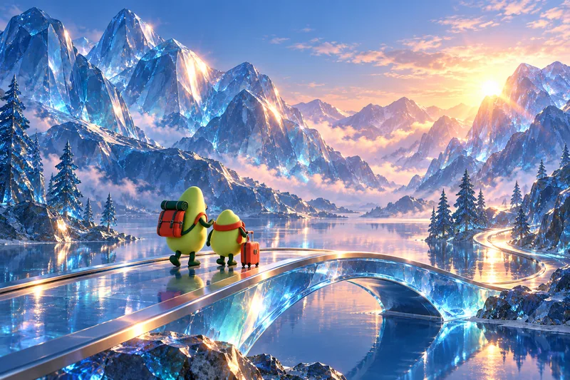 Imagined glass mountain world with the Awayfolk companions, created with AI