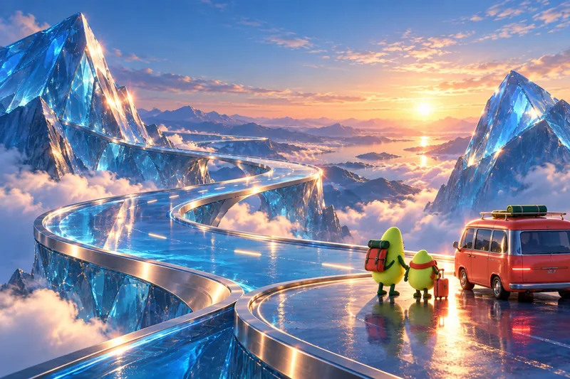 Imagined blue-glass road trip with the Awayfolk companions, created with AI