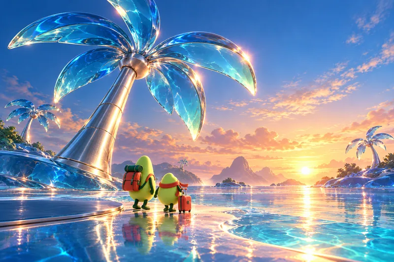 Imagined tropical glass world with the Awayfolk companions, created with AI